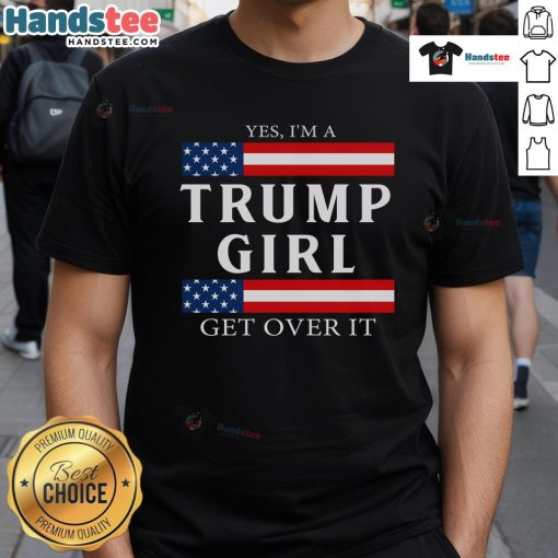 Girl wearing a patriotic USA flag t-shirt supporting Trump, showcasing pride in American values during election season.
