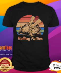 Happy cat rolling fatties on a funny t-shirt, featuring vibrant colors and a playful design for cat lovers.