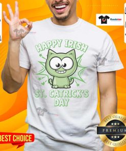 Happy Irish cat wearing a St. Patrick's Day T-shirt, celebrating with a festive smile and green accents. Perfect for cat lovers!