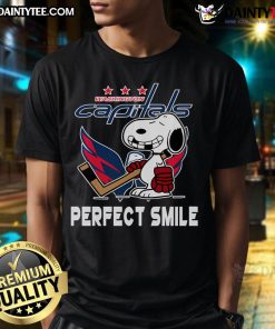 Happy Snoopy wearing a hockey jersey on a Washington Capitals T-shirt, inspired by The Peanuts Movie, showcasing a perfect smile.
