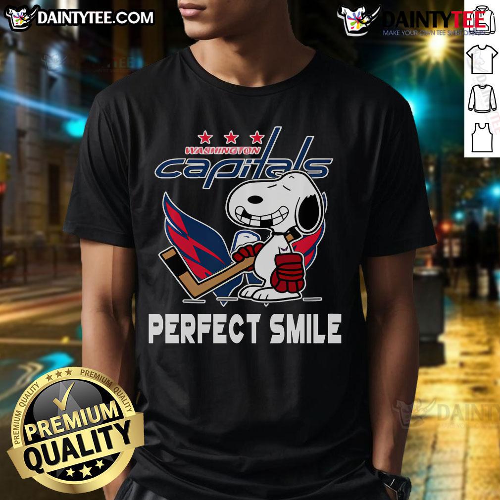 Happy NHL Washington Capitals Snoopy Perfect Smile The Peanuts Movie Hockey T-Shirt Happy Snoopy wearing a hockey jersey on a Washington Capitals T-shirt, inspired by The Peanuts Movie, showcasing a perfect smile.