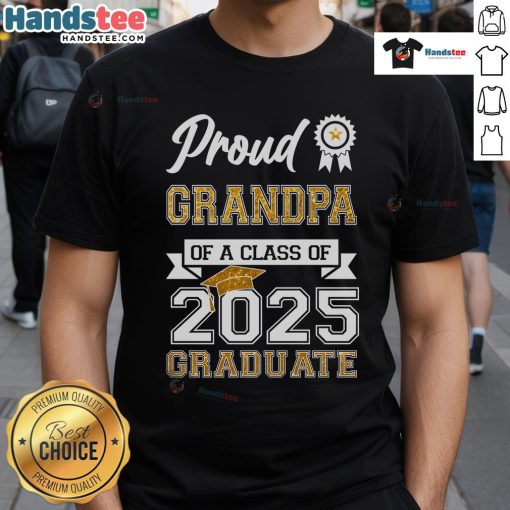 Happy proud grandma wearing a Class of 2025 graduate T-shirt, celebrating her grandchild's achievement with joy.