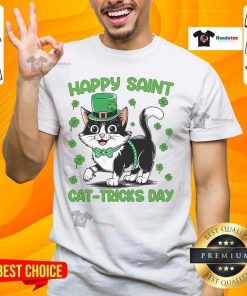 Alt Text: Happy Saint Cat Tricks Day T-Shirt featuring a lucky shamrock design for St. Patrick's Day celebrations.