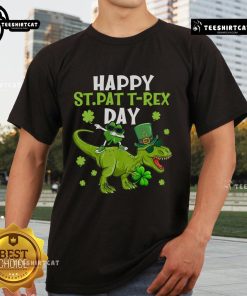 Happy St Pat T-Rex Day T-shirt featuring a playful dinosaur with shamrocks for St. Patrick's Day celebration.