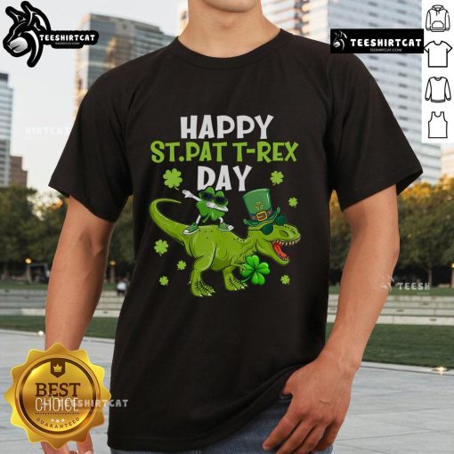 Happy St Pat T-Rex Day T-shirt featuring a playful dinosaur with shamrocks for St. Patrick's Day celebration.