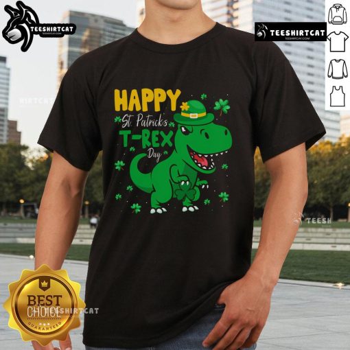 Happy St. Pat T-Rex Day T-shirt featuring a festive dinosaur celebrating St. Patrick's Day with a cheerful design.