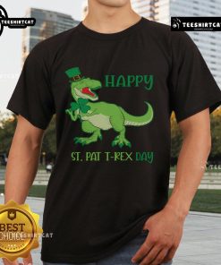Happy St Pat T-Rex Day T-Shirt featuring a cheerful dinosaur in St. Patrick's Day themes and vibrant green colors.