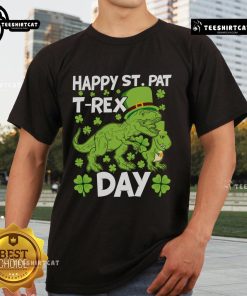 Happy St Pat Trex Day Dino St Patrick's Day T-Shirt featuring a playful dinosaur in festive green attire.