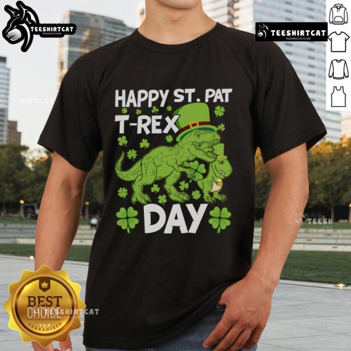 Happy St Pat Trex Day Dino St Patrick's Day T-Shirt featuring a playful dinosaur in festive green attire.