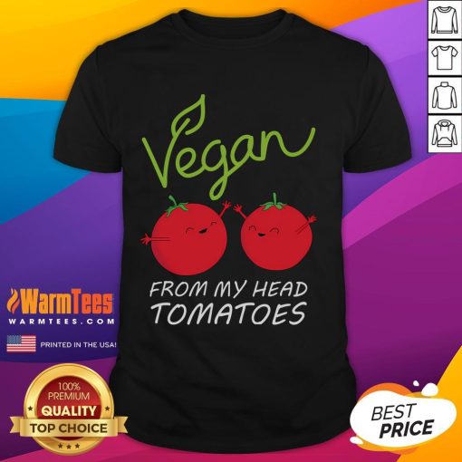 Happy vegan wearing a 'From My Head Tomatoes' funny vegetarian t-shirt, showcasing a playful plant-based lifestyle.