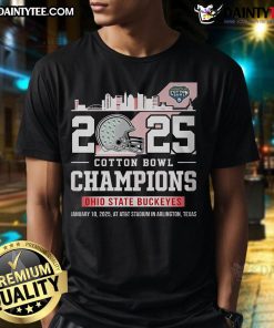 Ohio State Buckeyes Cotton Bowl Champions T-shirt from 2025 at AT&T Stadium in Arlington, showcasing team pride.