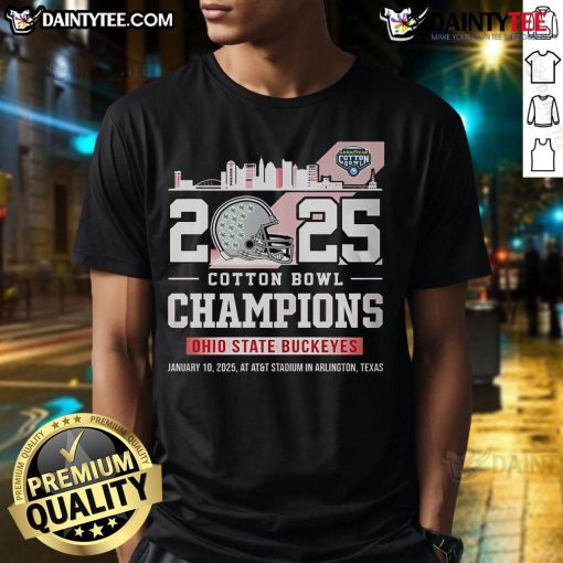 Ohio State Buckeyes Cotton Bowl Champions T-shirt from 2025 at AT&T Stadium in Arlington, showcasing team pride.