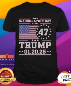 Hot 45 47 USA Flag Trump Inauguration Day 2025 T-Shirt featuring bold graphics and patriotic colors for supporters.