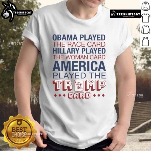 Hot America Played The Trump Card T-Shirt featuring bold graphics and patriotic colors, perfect for political enthusiasts.