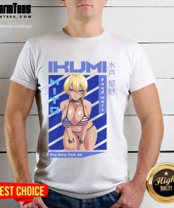 Ikumi Mito in a bikini, showcasing her character from Food Wars, wearing a stylish T-shirt in a vibrant anime scene.
