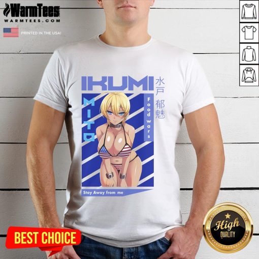Ikumi Mito in a bikini, showcasing her character from Food Wars, wearing a stylish T-shirt in a vibrant anime scene.