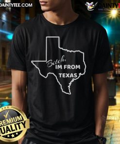 Hot Bitch I'M From Texas funny state outline t-shirt design featuring a playful Texas silhouette and bold text.