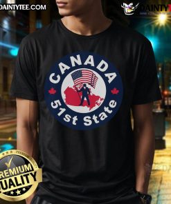Hot Canada 51st State Trump America Flag T-Shirt featuring a bold design of the American flag and Canada motif.