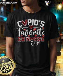 Funny Valentine's Day T-shirt featuring 'Hot Cupid's Favorite ER Nurse' design, perfect for nurses celebrating love.