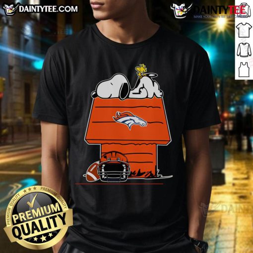 Alt Text: Hot Denver Broncos NFL Football Snoopy Woodstock T-Shirt inspired by The Peanuts Movie, perfect for fans.