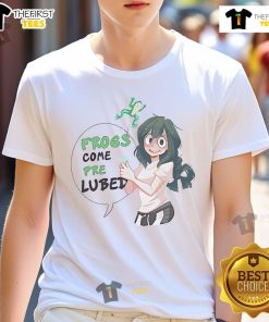Hot My Hero Academia Frogs Come Pre Lubed meme T-Shirt featuring colorful frog illustrations and pop culture references.