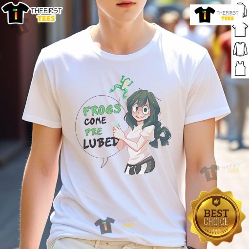 Hot My Hero Academia Frogs Come Pre Lubed meme T-Shirt featuring colorful frog illustrations and pop culture references.