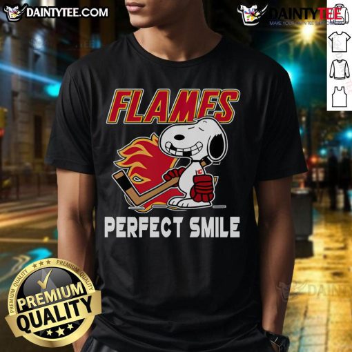 Alt Text: Calgary Flames Snoopy T-shirt featuring a perfect smile, inspired by The Peanuts Movie, for hockey fans.