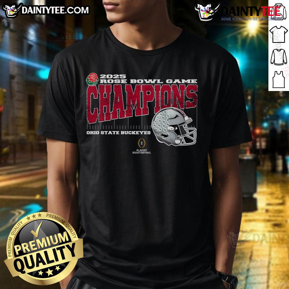 Hot Ohio State Buckeyes 2025 Rose Bowl Champions College Football Playoff Quarterfinal Vintage Helmet T-Shirt Vintage Ohio State Buckeyes 2025 Rose Bowl Champions T-Shirt featuring a classic football helmet design.