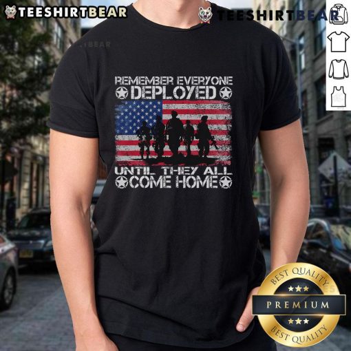 Hot Red Friday Military T-Shirt: 'Remember Everyone Deployed Until They All Come Home' - Show your support and patriotism.
