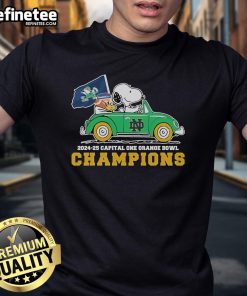 Hot Snoopy and Woodstock car graphic on Notre Dame Fighting Irish 2024-25 T-Shirt for fans and collectors.