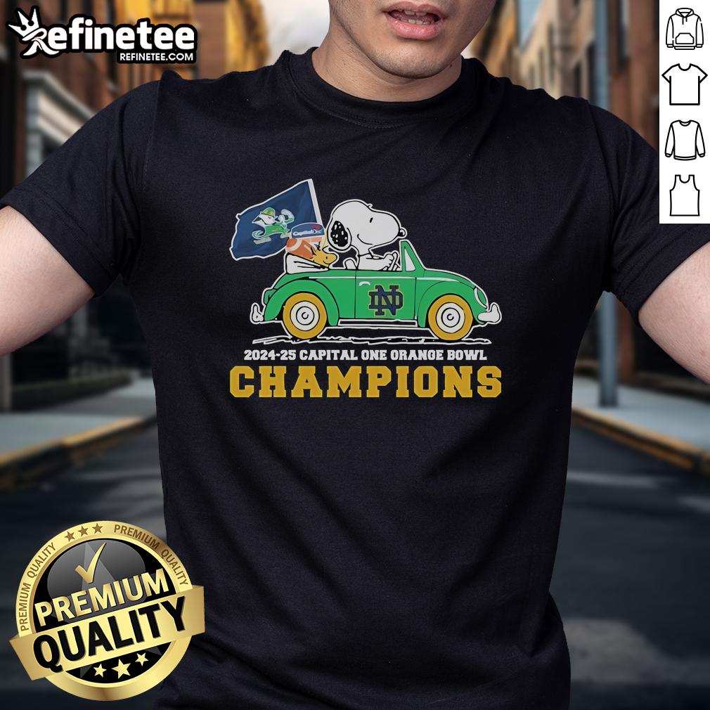 Hot Snoopy And Woodstock Car Notre Dame Fighting Irish 2024 25 T Shirt Hot Snoopy and Woodstock car graphic on Notre Dame Fighting Irish 2024-25 T-Shirt for fans and collectors.