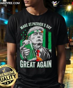Funny St. Patrick's Day T-shirt featuring a shamrock and Trump, perfect for beer lovers celebrating Irish culture.