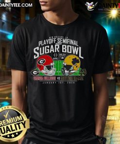 2025 CFP Quarterfinal Sugar Bowl T-Shirt featuring Georgia Bulldogs vs Notre Dame design, perfect for game day fans.