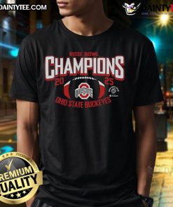 Ohio State Buckeyes logo T-shirt celebrating their Nice 2025 Rose Bowl Game Champions victory.
