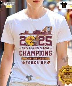 Arizona State Sun Devils Chick-fil-A Peach Bowl Champions 2025 Forks Up Skyline T-Shirt in vibrant colors.