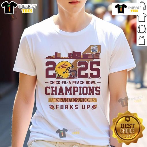 Arizona State Sun Devils Chick-fil-A Peach Bowl Champions 2025 Forks Up Skyline T-Shirt in vibrant colors.