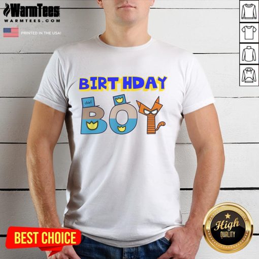 Happy birthday boy dog wearing a family party T-shirt, celebrating with balloons and cake at a festive gathering.
