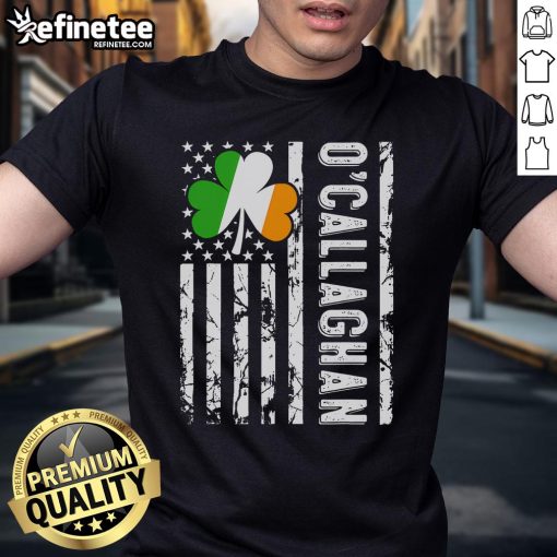 Alt Text: Nice Callaghan Last Name Irish Pride Flag USA St. Patrick's Day T-Shirt showcasing vibrant green colors and festive design.
