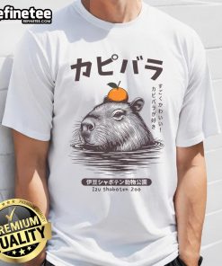Alt Text: Capybara relaxing in an onsen, wearing an orange 'Capybara Lovers' T-shirt, showcasing a tranquil scene.