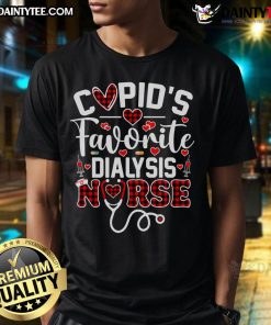 Funny Valentine's Day T-shirt featuring 'Nice Cupid's Favorite Dialysis Nurse' design, perfect for healthcare professionals.