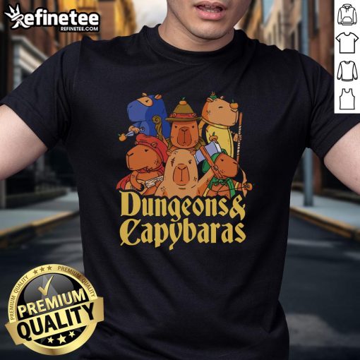 Funny Capybara Lover T-Shirt featuring a whimsical design of capybaras in a dungeon setting. Perfect for animal lovers!