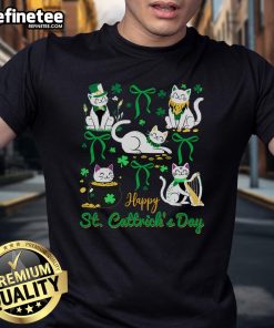 Happy St. Cattrick's Day coquette bow cat wearing a festive St. Patrick's Day T-shirt, perfect for cat lovers.