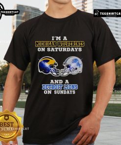 Alt Text: Michigan Wolverines and Detroit Lions T-shirt, perfect for sports fans who love college football on Saturdays and NFL on Sundays.