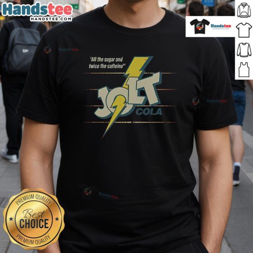 Vintage Nice Jolt Cola 1985 T-Shirt featuring retro graphics and vibrant colors, perfect for collectors and soda enthusiasts.
