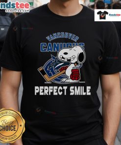 Alt Text: Vancouver Canucks Snoopy Perfect Smile t-shirt featuring Peanuts Movie character, perfect for hockey fans.