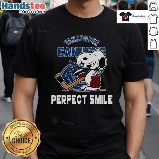 Alt Text: Vancouver Canucks Snoopy Perfect Smile t-shirt featuring Peanuts Movie character, perfect for hockey fans.