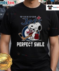 Alt Text: Winnipeg Jets Snoopy T-shirt featuring a perfect smile, inspired by The Peanuts Movie, perfect for hockey fans.