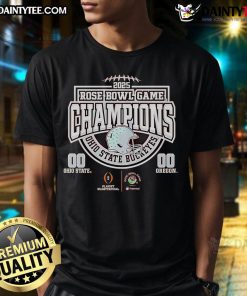 Alt Text: Ohio State Buckeyes Football 2025 Rose Bowl Game Champions helmet t-shirt featuring vibrant team colors and logo.