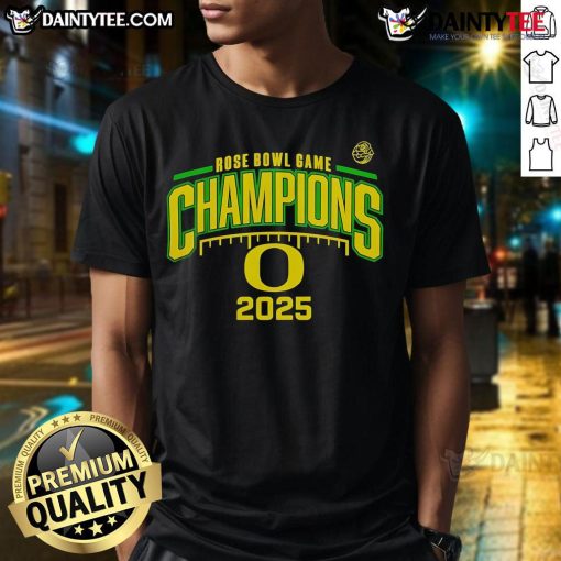 Nice Oregon Ducks Rose Bowl Game Champions 2025 T-Shirt featuring team colors and logo, perfect for fans celebrating victory.