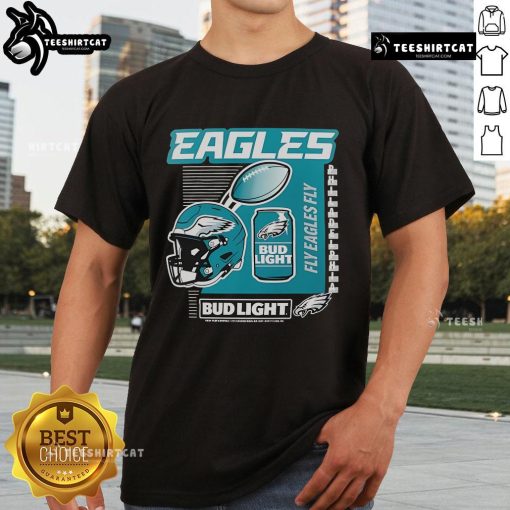 Alt Text: Nice Philadelphia Eagles Bud Light Fly Eagles Fly T-Shirt featuring bold graphics in green and white for football fans.